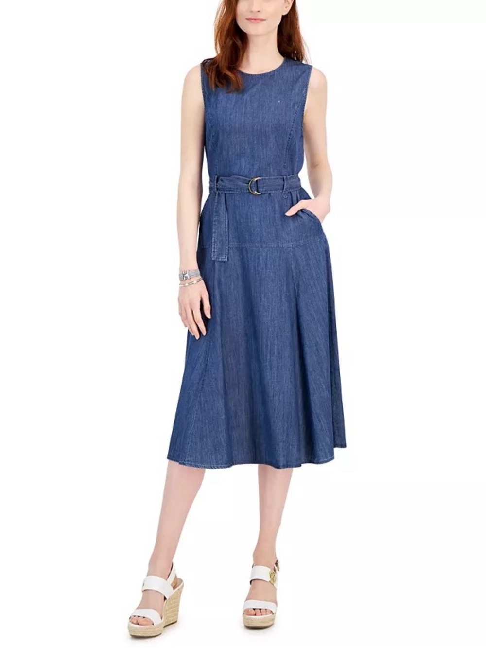 Tommy Hilfiger NWT Women's Belted Sleeveless Chambray Dress In Size 8